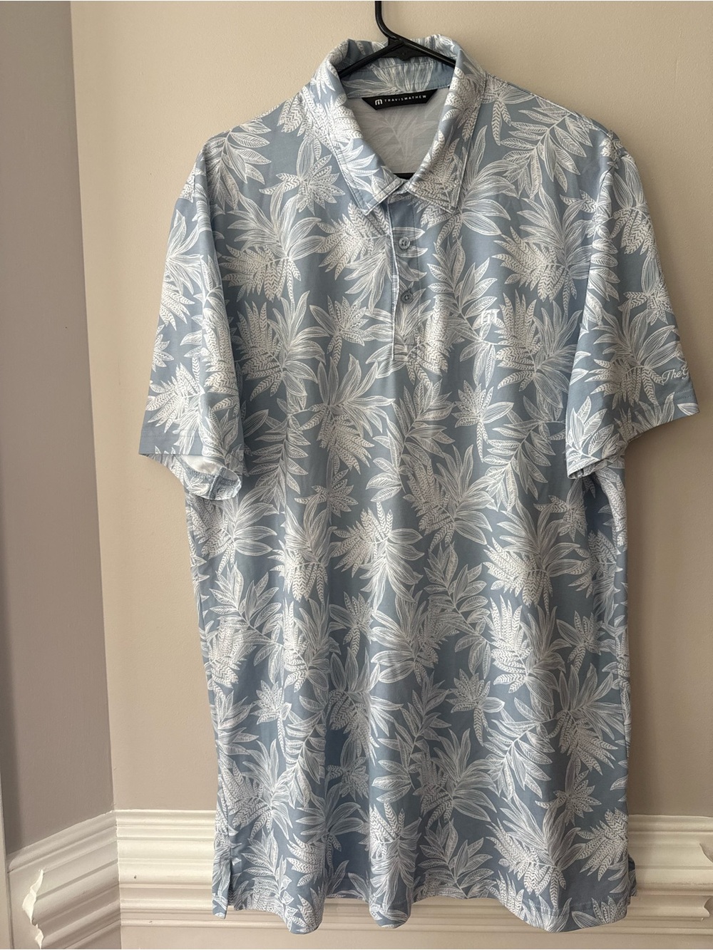 Travis Mathew Light Blue and White Palm-Print Polo Size XL